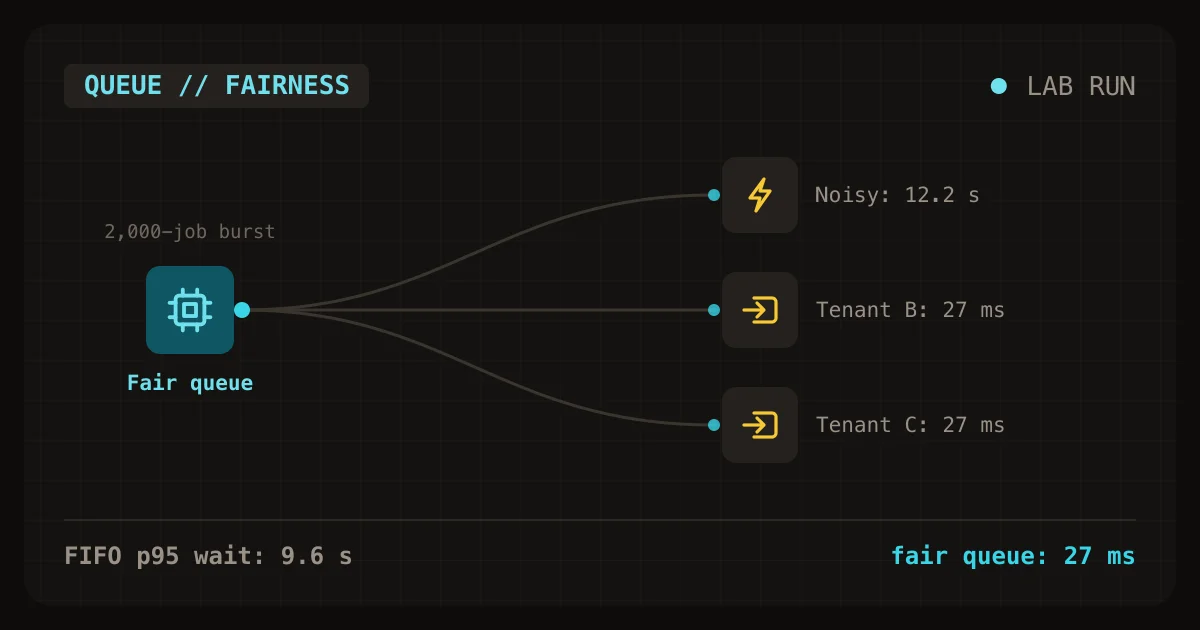 Multi-tenant AI SaaS job queue where one noisy tenant delays other tenants, compared across four scheduling fixes