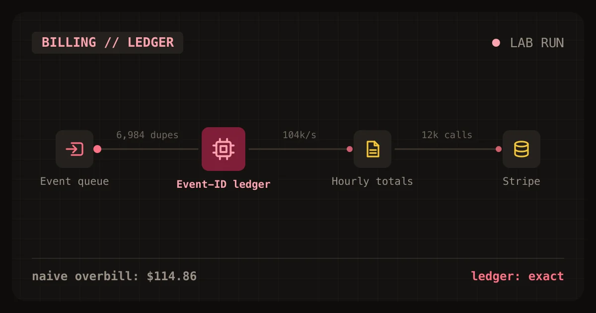 Usage metering for AI SaaS billing, comparing a naive counter with a deduplicating ledger on 200,000 usage events